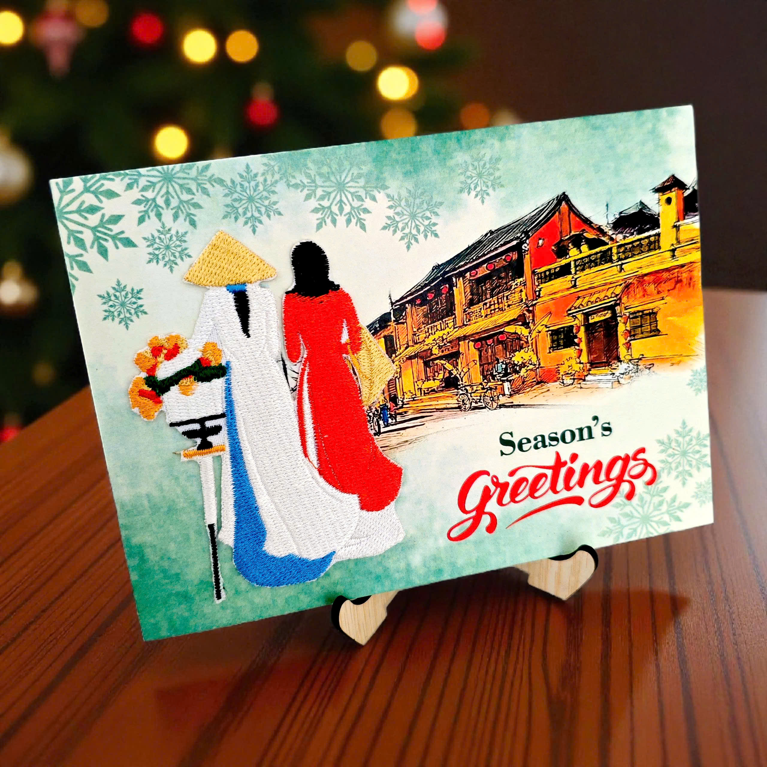 Thiệp giáng sinh thêu nghệ thuật cô gái áo dài Thiệp giáng sinh thêu nghệ thuật cô gái áo dài