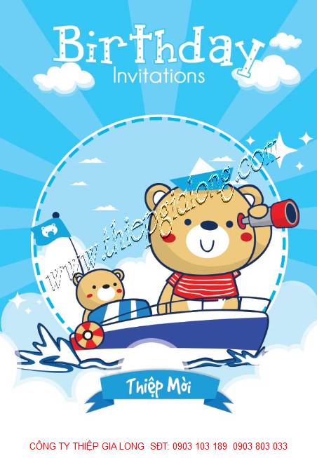 Thiệp thôi nôi có sẵn cho bé trai in hình gấu 