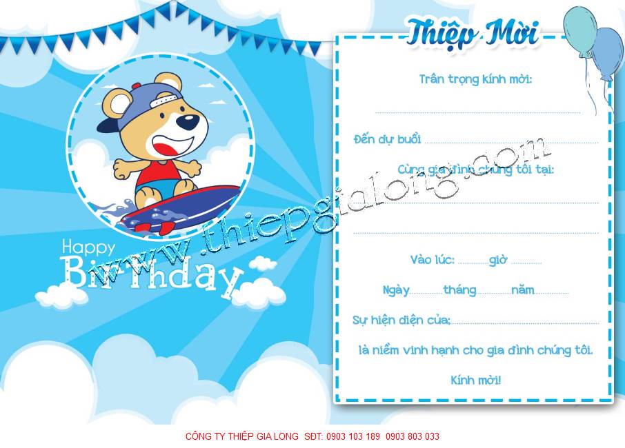 Thiệp thôi nôi có sẵn cho bé trai in hình gấu 