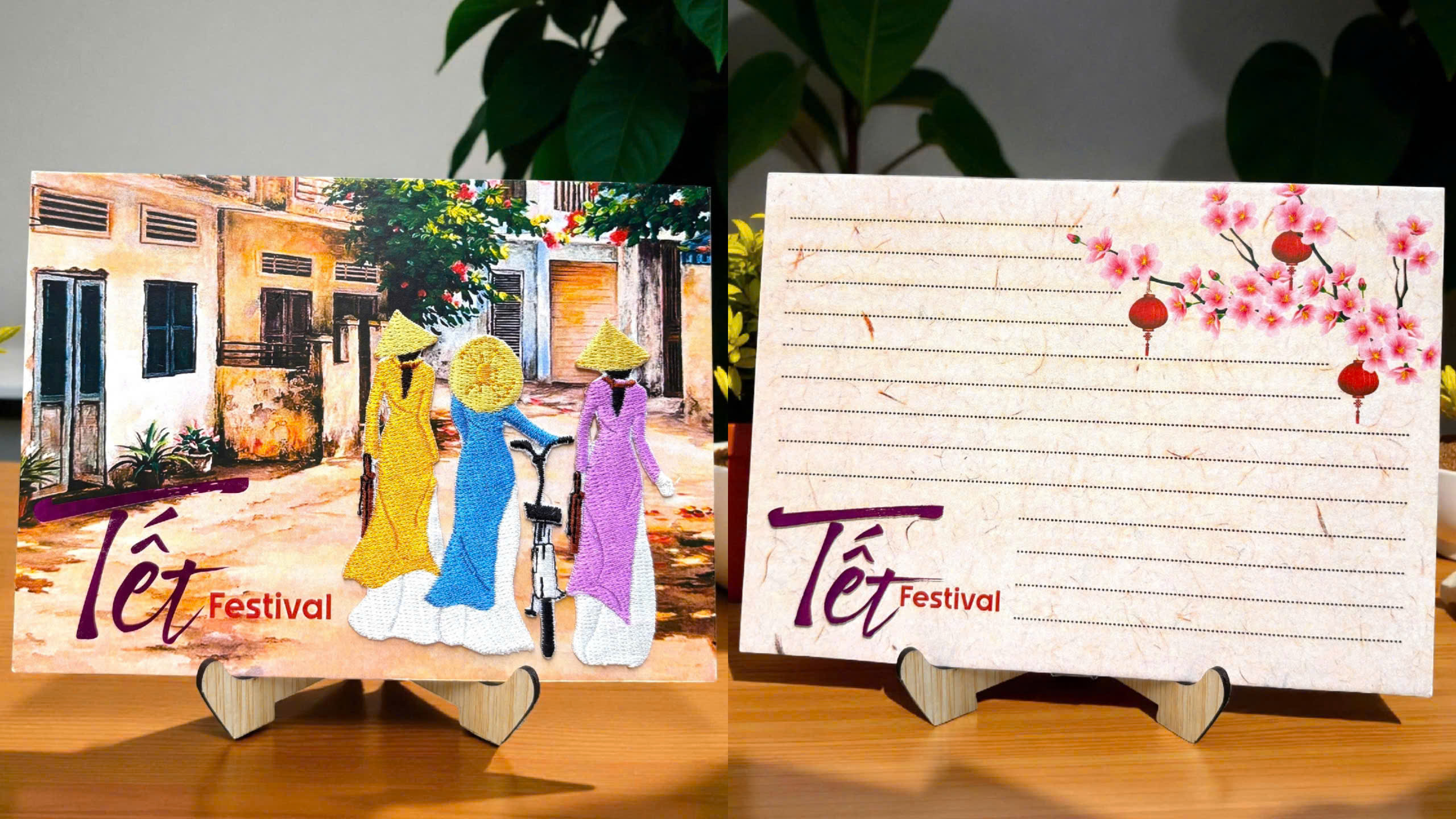 Thiệp chúc tết thêu cô gái áo dài Việt Nam GL-3592